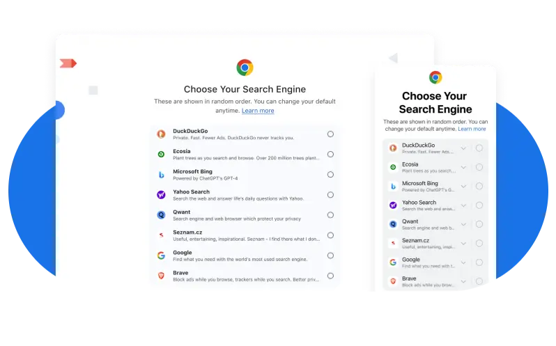 Illustrative visual of the search engine choice screen in Chrome on iOS and desktop.