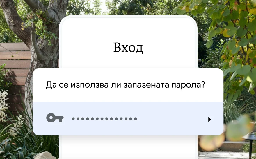 Страница за вход в профил за резервация за пътуване извежда запитване за използване на запазена парола. На заден план се вижда пейзаж.