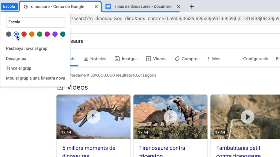 Finestra del navegador Chrome amb un quadre de diàleg que mostra com es posa nom a un grup de pestanyes
