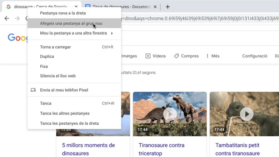 Finestra del navegador Chrome amb un quadre de diàleg que mostra la creació d'un grup de pestanyes nou