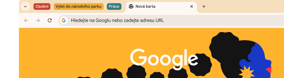 Uživatelské rozhraní prohlížeče se třemi skupinami karet: Osobní, Výlet do NP Arches a Práce.