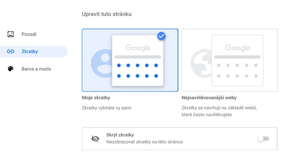 Okno nastavení prohlížeče Chrome s dialogovým oknem Zkratky.