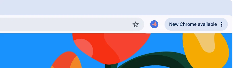 A browser UI features a green Update pill which tells the user it’s ready to be restarted for an automatic update.