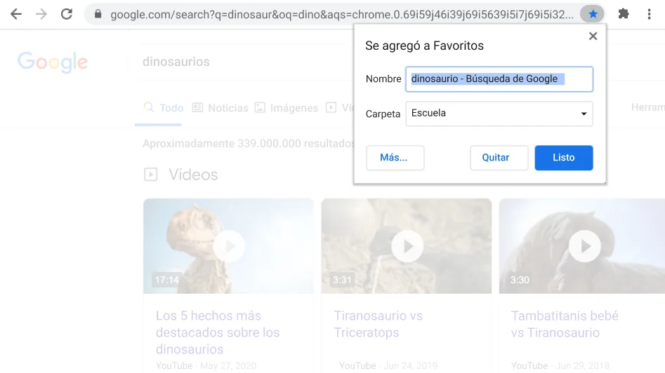 Ventana del navegador Chrome con el cuadro de diálogo Se agregó a Favoritos visible.