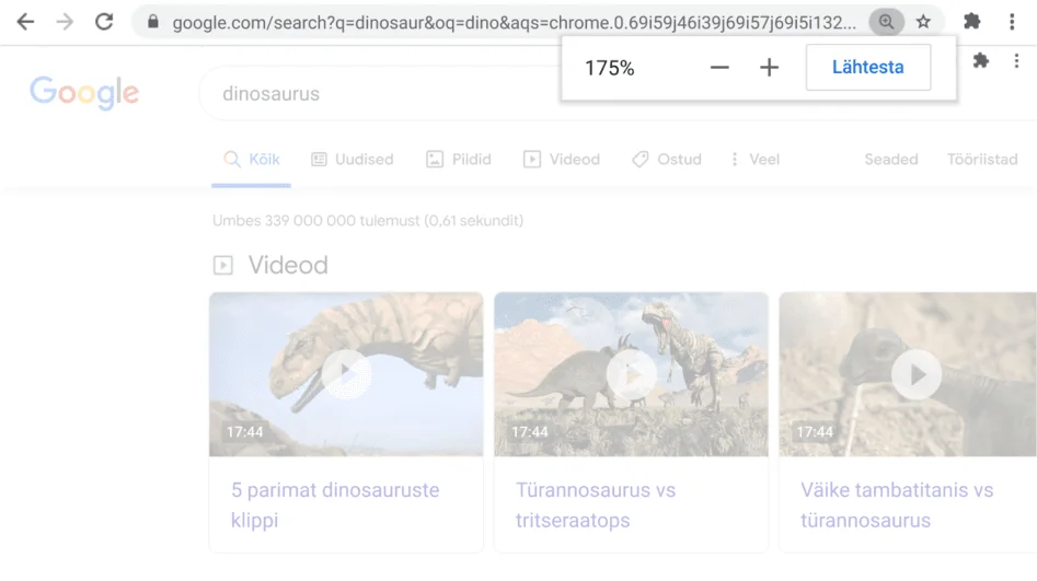 Avatud Chrome’i brauseriaken veebilehega, kus funktsioon Suumimine on aktiivne.