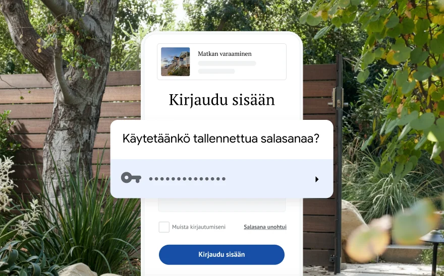 Matkavarauksen kirjautumissivu, jossa pyydetään käyttämään tallennettua salasanaa. Taustalla näkyy luonnonmaisema.