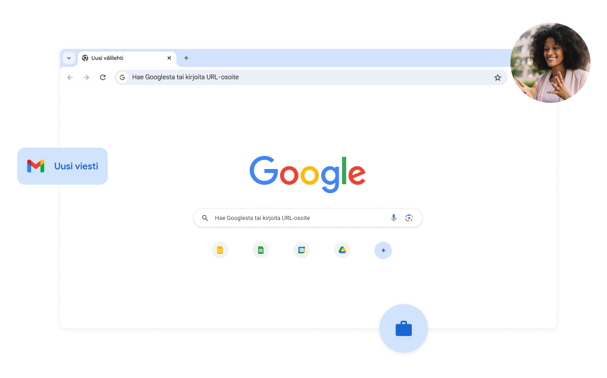 Google-hakusivun tausta on valkoinen. Kuva naisesta on kulmassa.