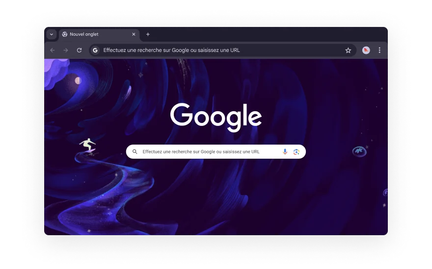 Une interface utilisateur Chrome abstraite est entourée d'icônes représentant des catégories d'extensions de navigateur. Les icônes représentent Magasinage, Divertissement, Outils, Art et design, et Accessibilité.