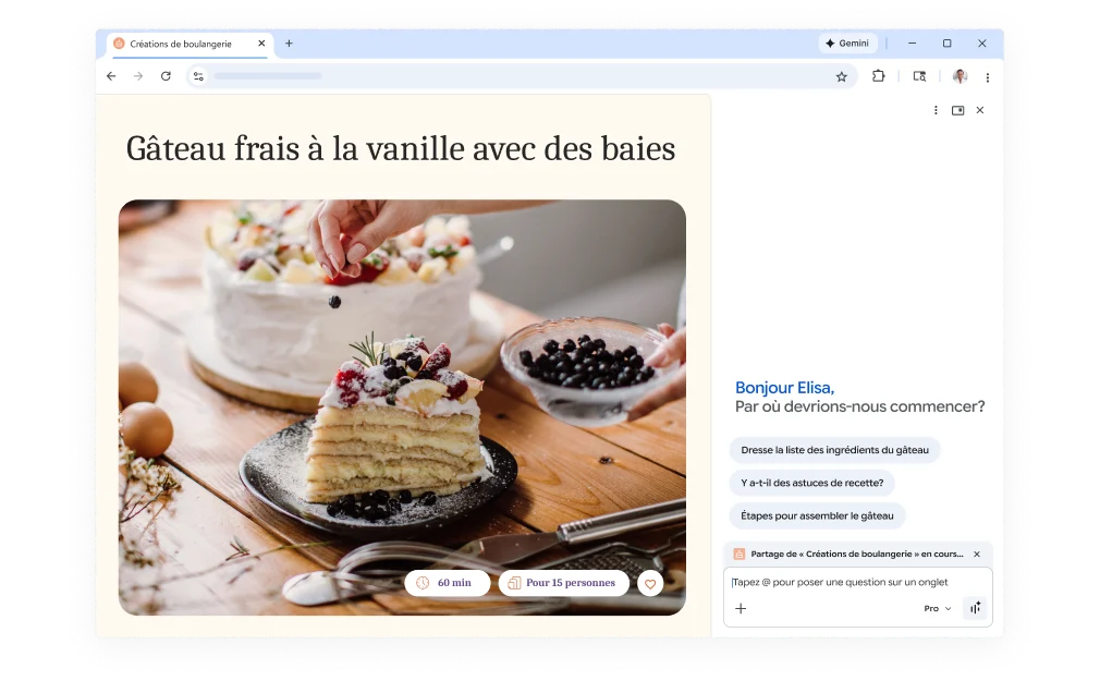 Une fenêtre contextuelle s'affiche sur une page Web de recette de gâteau et demande comment Gemini dans Chrome peut aider. La fonctionnalité est offerte sur ordinateur et sur appareil mobile.