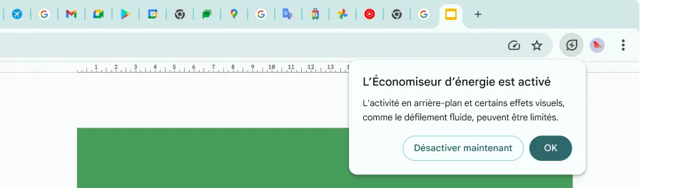Un curseur a cliqué sur l'icône Économiseur d'énergie, ce qui explique que l'activité en arrière-plan et certains effets visuels ont été limités pour économiser de la mémoire.
