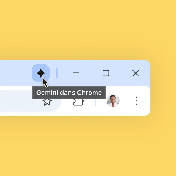 Une icône de Gemini est affichée en haut d'une barre de navigateur Chrome. L'utilisateur pointe le curseur sur l'icône. Une infobulle indique « Gemini dans Chrome ».
