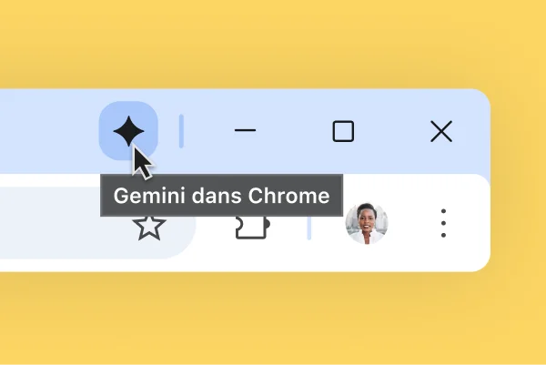 Une icône de Gemini est affichée en haut d'une barre de navigateur Chrome. L'utilisateur pointe le curseur sur l'icône. Une infobulle indique « Gemini dans Chrome ».