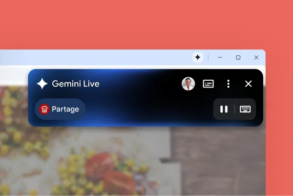 Une boîte intitulée « Gemini Live » se trouve dans le coin d'une page Web. Un bouton Pause montre Gemini dans Chrome en train d'écouter quelqu'un parler.