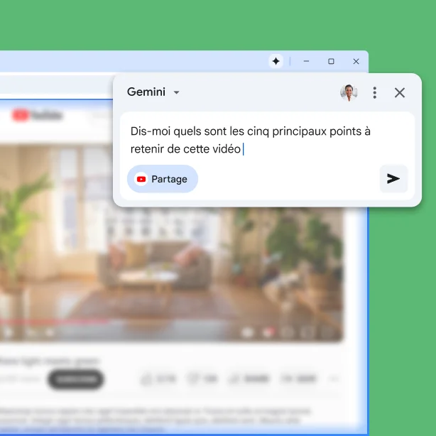 La fenêtre contextuelle de Gemini dans Chrome s'affiche sur une page YouTube. L'utilisatrice demande à Gemini dans Chrome les cinq principaux points à retenir de la vidéo.