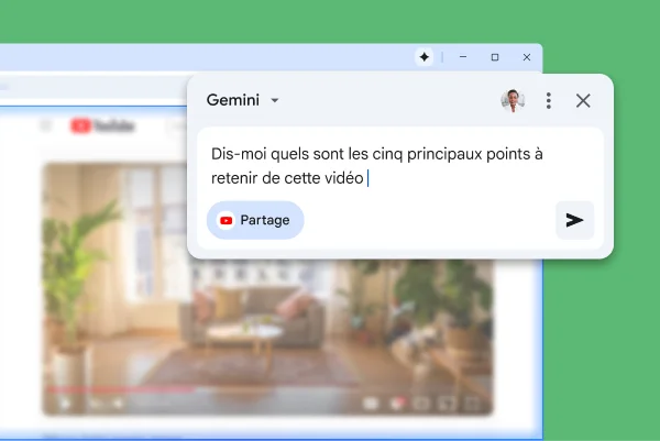 La fenêtre contextuelle de Gemini dans Chrome s'affiche sur une page YouTube. L'utilisatrice demande à Gemini dans Chrome les cinq principaux points à retenir de la vidéo.