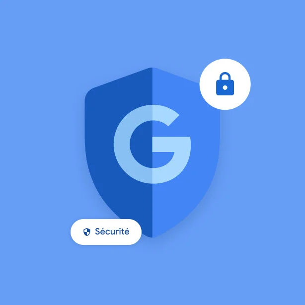 Plusieurs icônes indiquent la sécurité Google, notamment un G de Google dans un bouclier, une icône de cadenas et une petite puce sur laquelle est écrit « sécurité »