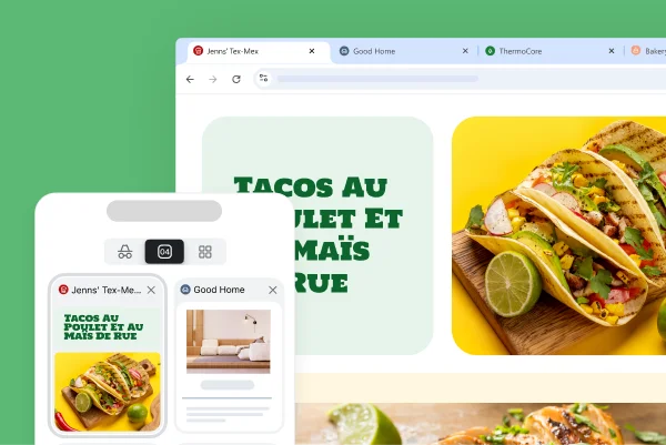 Le même site Web de recettes est affiché sur différents appareils pour montrer comment localiser un onglet partout où vous êtes connecté à Chrome