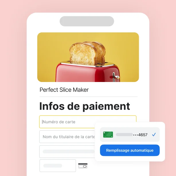 Sur l'écran d'infos de paiement d'un site de vente au détail, Chrome offre la possibilité de remplir automatiquement les champs avec les infos de paiement enregistrées