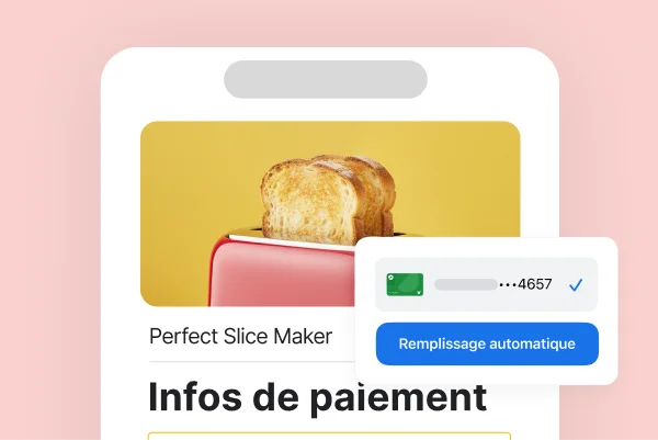 Sur l'écran d'infos de paiement d'un site de vente au détail, Chrome offre la possibilité de remplir automatiquement les champs avec les infos de paiement enregistrées