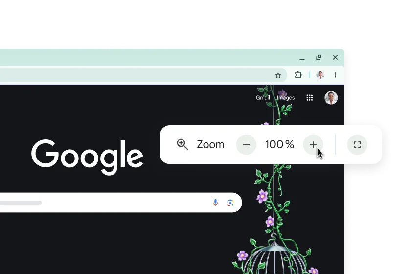 La page d'accueil de Google et une fenêtre contextuelle avec un zoom de 100 %