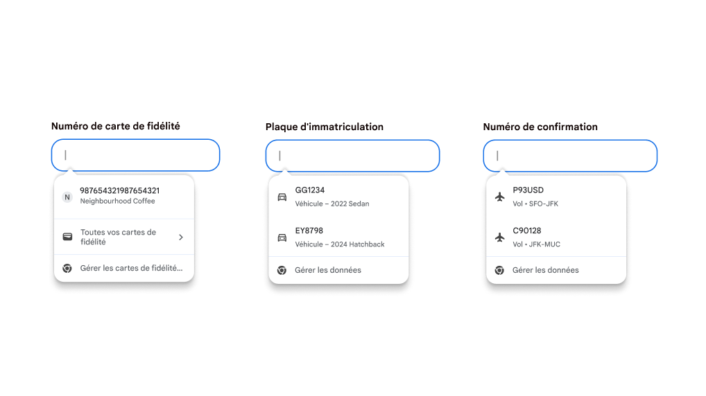 Expérience utilisateur de la fonctionnalité Remplissage automatique pour remplir les cartes de fidélité, les renseignements sur les véhicules et les informations sur les vols.