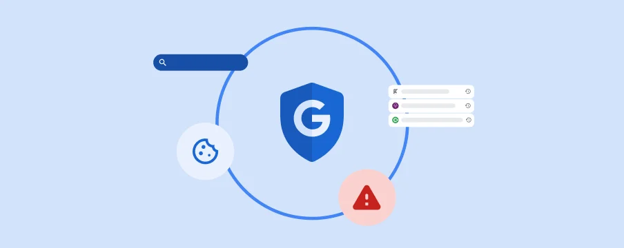 निजता से जुड़े आइकॉन से घिरा Google का बैज, यह दिखाता है कि Google आपको ऑनलाइन निजता को कंट्रोल करने की सुविधा देता है
