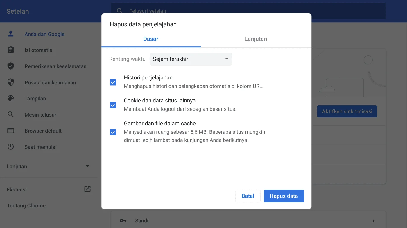 Jendela setelan browser Chrome menampilkan menu opsi Hapus data penjelajahan.