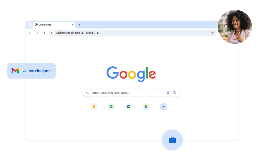 Google meklēšanas lapas fons baltā krāsā. Stūrī redzams sievietes fotoattēls.