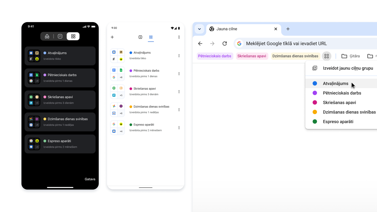 Ciļņu grupas iOS ierīcēs, Android ierīcēs un datoros