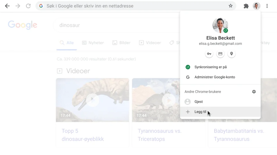 Chrome-nettleservindu med en åpen Profil-dialogboks.