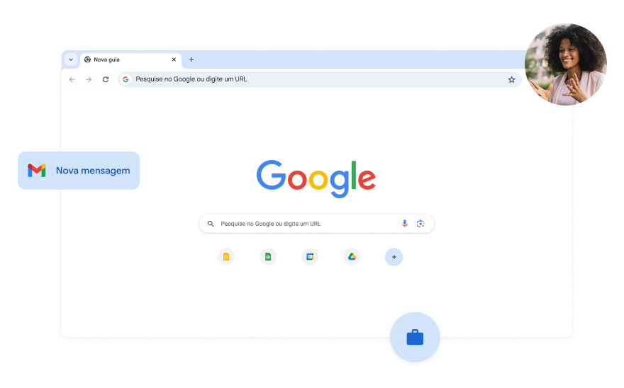 O fundo branco da página da Pesquisa Google. Há uma foto de uma mulher em um canto.