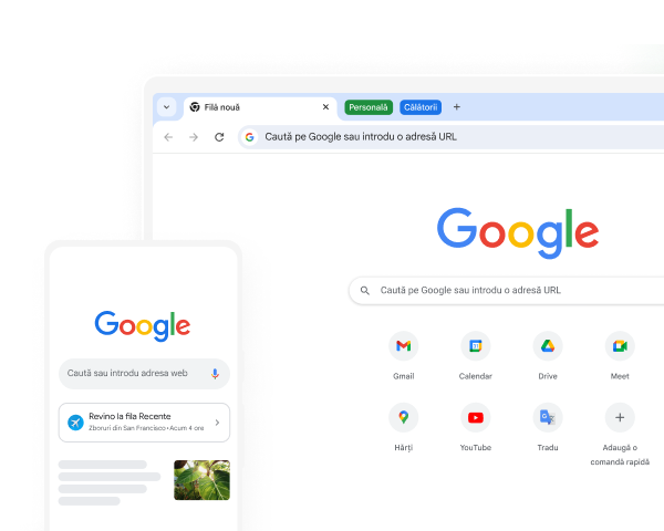 Un dispozitiv mobil și un computer afișează pagina de pornire Google în Chrome.