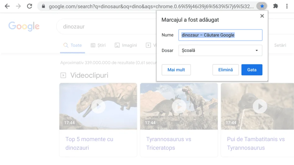 Fereastra browserului Chrome cu o casetă de dialog Marcaj deschisă și vizibilă.