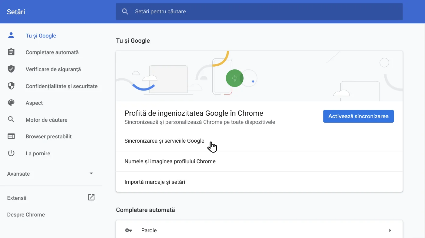Fereastra de setări ale browserului Chrome afișând meniul de opțiuni Tu și Google.