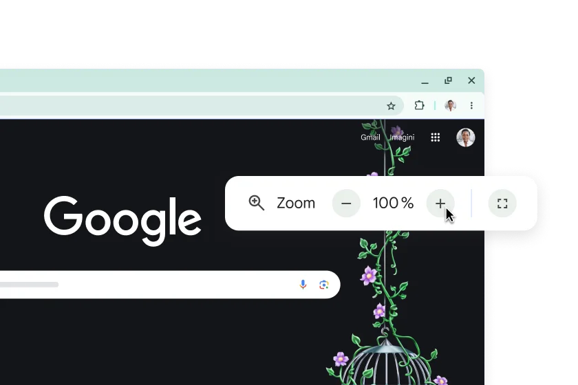 Pagina de pornire Google și o fereastră pop-up cu zoomul setat la 100 %