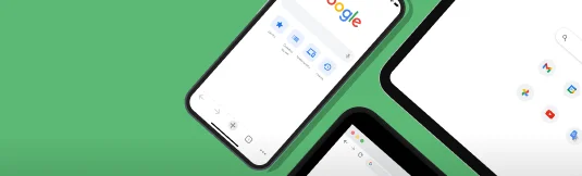 Mobilný telefón zobrazujúci domovskú stránku Google s odkazmi na záložky, čitateľský zoznam, nedávne karty a históriu používateľa