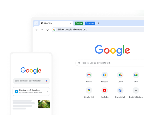 Mobilna naprava in namizni računalnik oba prikazujeta Googlovo domačo stran v Chromu.