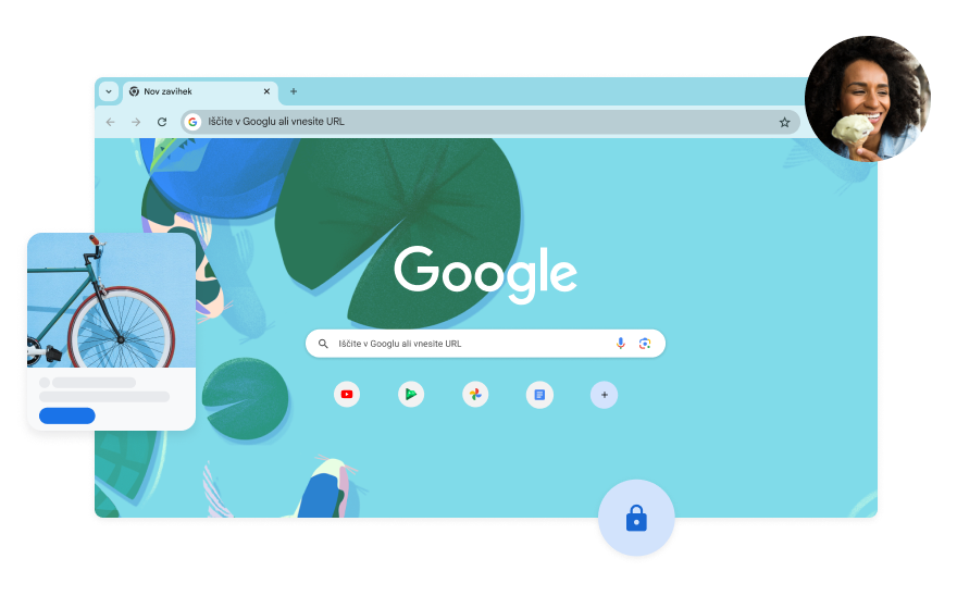 Ozadje na strani Iskanja Google ima modro ilustracijo ribe v ribniku koi. V kotu je slika ženske.
