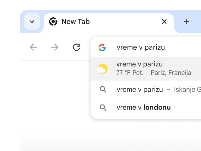 Uporabnik je v Chromovo naslovno vrstico vnesel »vreme v Parizu« in takoj so bili prikazani rezultati.