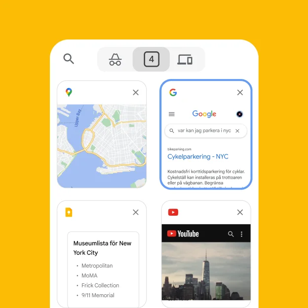 En mobilwebbläsare läser in flikar från en webbläsare på datorn, bland annat Google Maps och parkeringsinformation för New York.