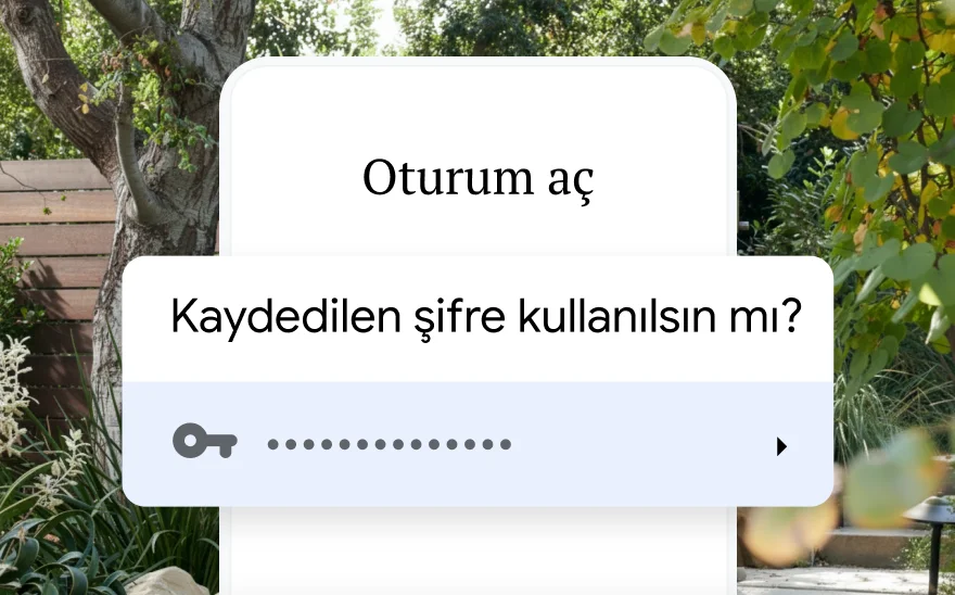 Bir gezi rezervasyonunun oturum açma sayfasında kayıtlı şifrenin kullanılması isteniyor. Arka planda doğa manzarası yer alıyor.