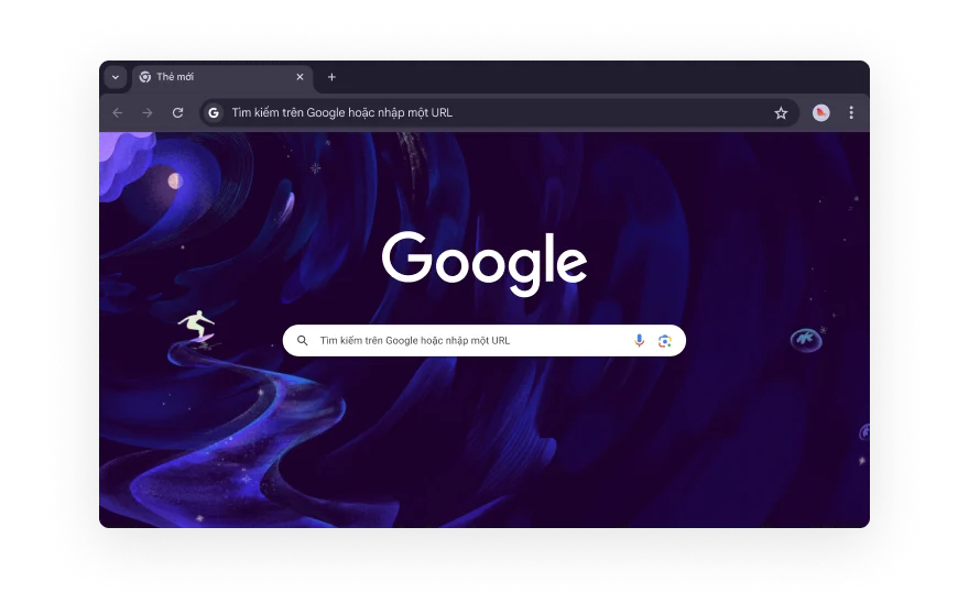 Một giao diện người dùng trừu tượng của Chrome nằm giữa các biểu tượng đại diện cho các danh mục tiện ích trình duyệt. Các biểu tượng này đại diện cho Mua sắm, Giải trí, Công cụ, Mỹ thuật và thiết kế, cùng Hỗ trợ tiếp cận.