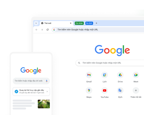 Một thiết bị di động và một máy tính đều đang hiển thị trang chủ Google trên Chrome.